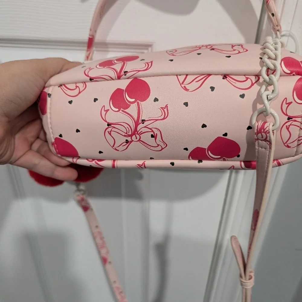 NWT Luv Betsey Pink Bow Cherries Black Hearts Crossbody Purse W/ Cherry Pompoms